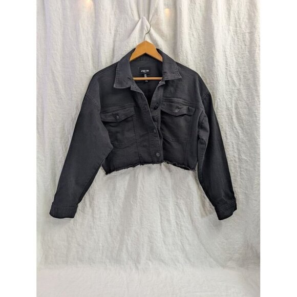 C'est Toi black label women's size large black denim cropped jacket, raw edge B4 - Picture 1 of 10